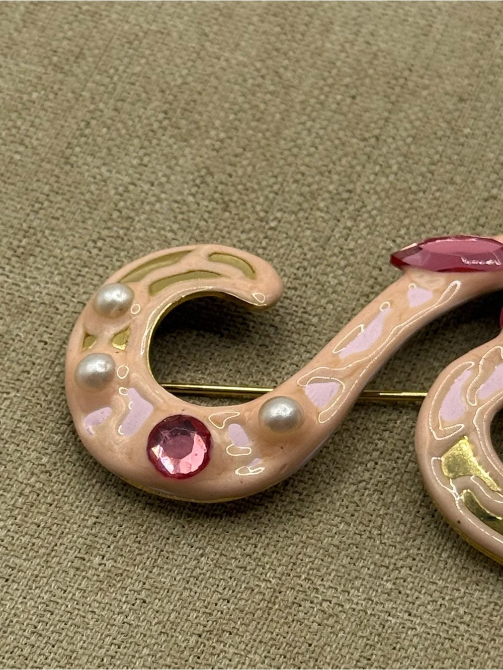 Vintage La Rage  Pink Enamel Swirl Brooch with Pink Crystal Accents